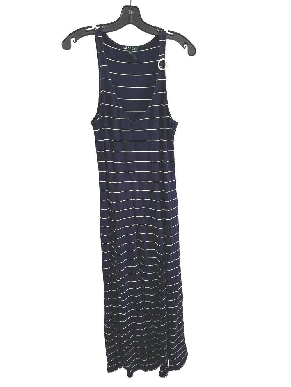 Lauren Ralph Lauren Navy Blue Striped Cotton Blend V-Neckline Maxi Dress -Size L